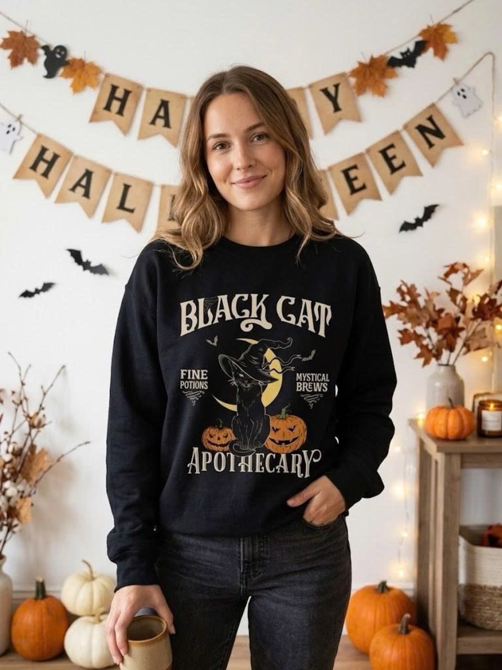 Vintage Black Cat Apothecary Halloween Sweatshirt Witchy Spooky Season Jumper - Picture 2 of 6
